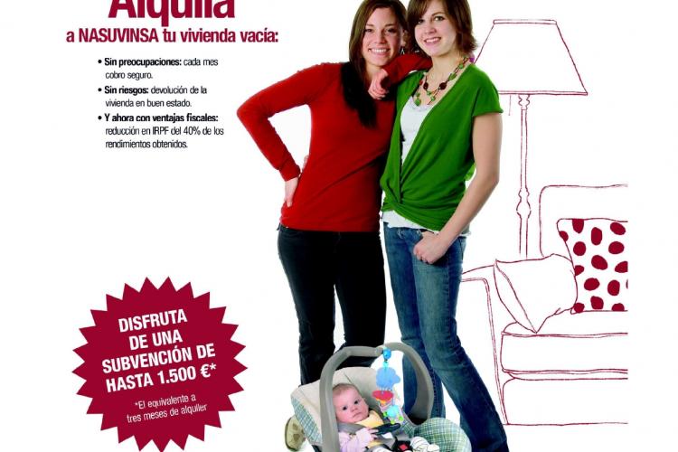Fotografía del cartel informativo de la bolsa de alquiler donde salen dos mujeres, un bebé y un dibujo de un sofá y una lámpara
