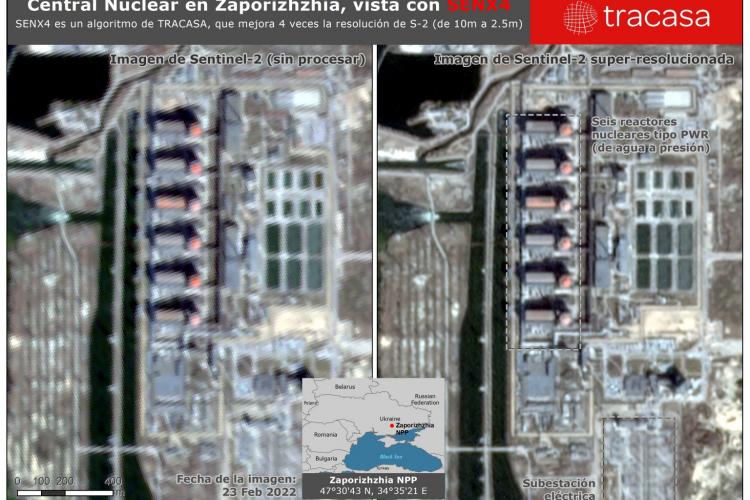 Se visualizan dos imágenes por satélite en diferentes resoluciones. Cada una ocupando la mitad de la imagen, en la que se ve la diferencia de resolución entre la imagen sin procesar que se muestra mucho más pixelada y la superresolucionada, de mayor claridad