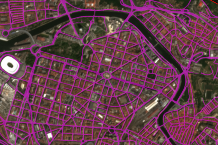 Fotografía aérea de la ciudad de Bilbao con la segmentación de vías marcadas en color fucsia