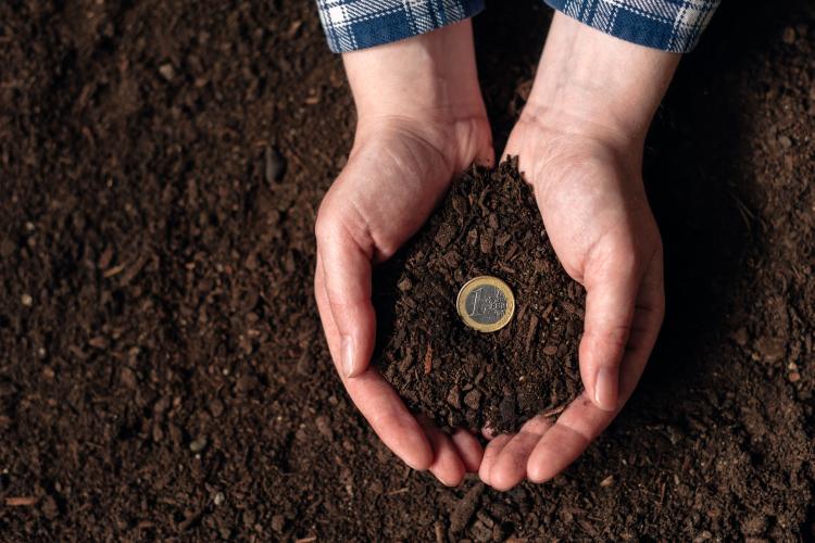 Fotografía de dos manos sujetando una moneda entre tierra