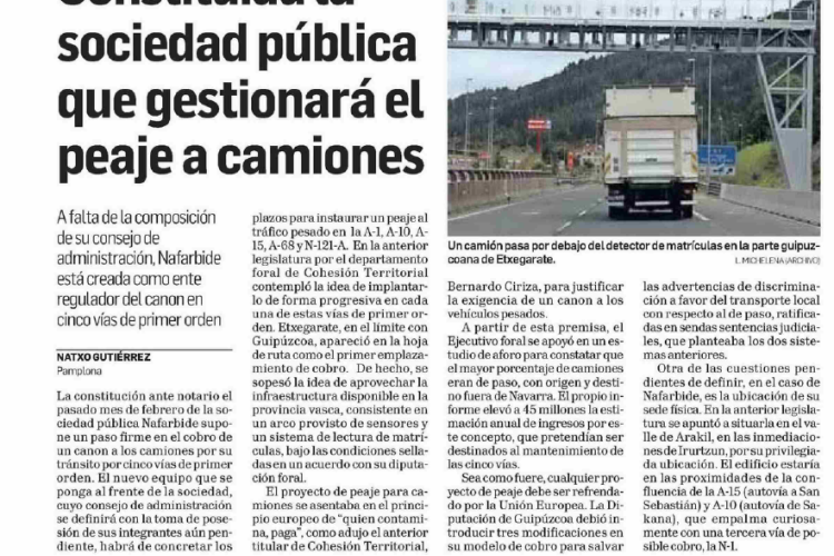 Fotografía del pantallazo de la noticia en la edición impresa de Diario de Navarra