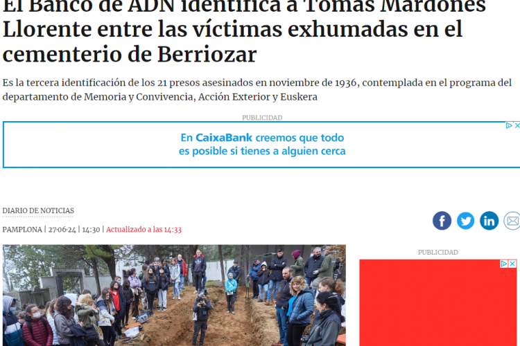 Fotografía del pantallazo de la noticia en la edición online de Diario de Noticias