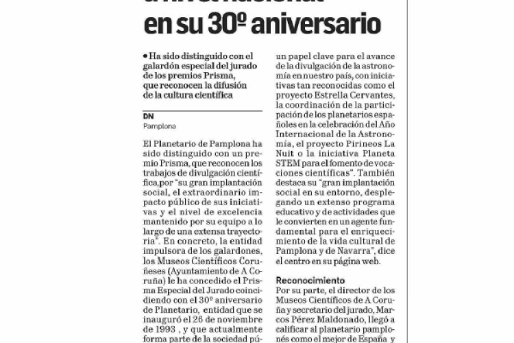 Fotografía del pantallazo de la noticia en la edición impresa del Diario de Navarra