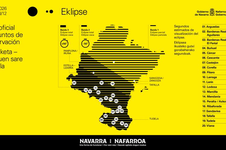 Mapa de Navarra con la Red oficial de puntos de observación del Eclipse