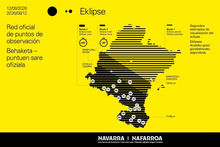Imagen de un mapa de Navarra con los puntos de visualización del eclipse